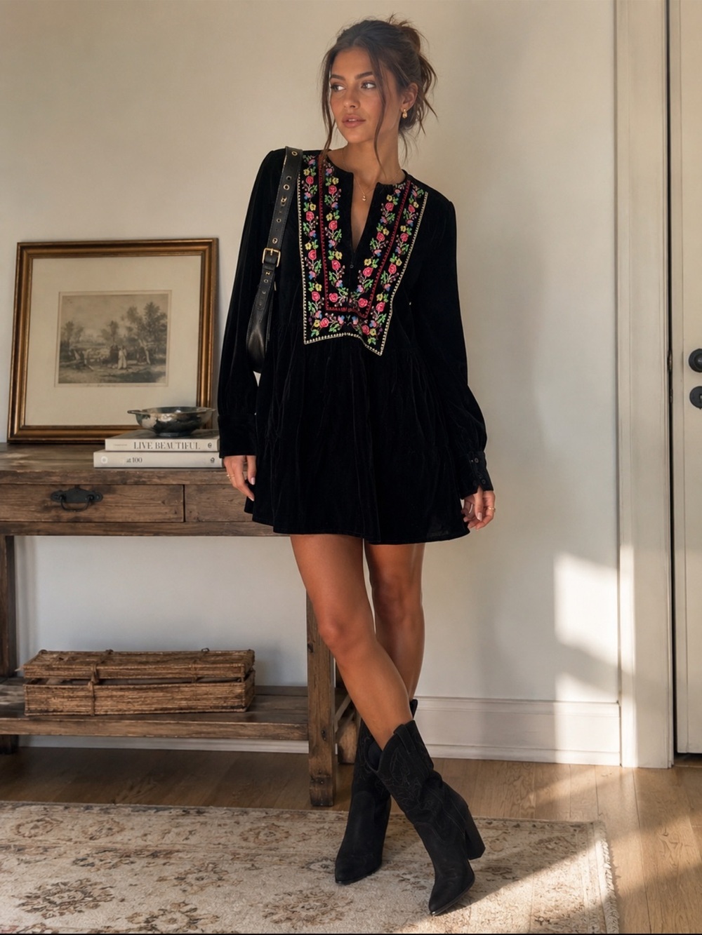 FREE PEOPLE | Black Velvet Tunic/Dress with Colorful Floral Embroidery